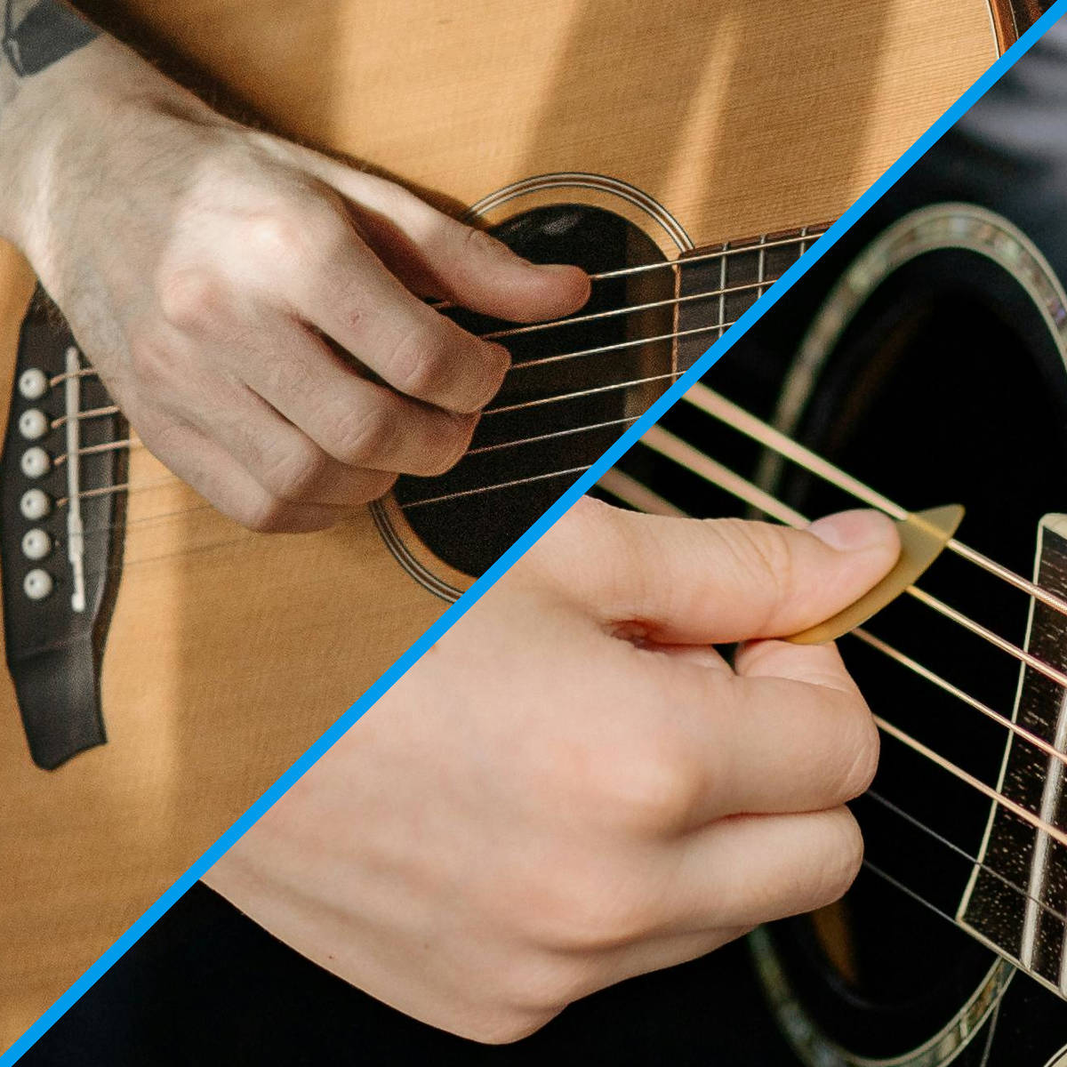 An image showing the right hand on a guitar playing with a flatpick and or fingerstyle which are two ways to play guitar
