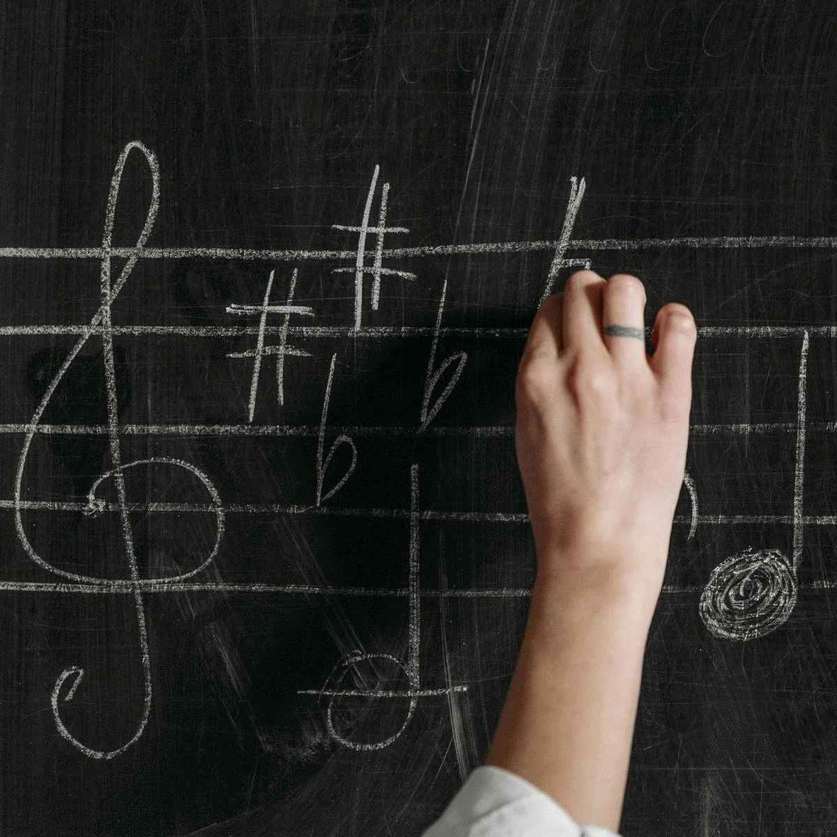 Hand writing music on a chalkboard including the treble clef, a key signature and some half notes